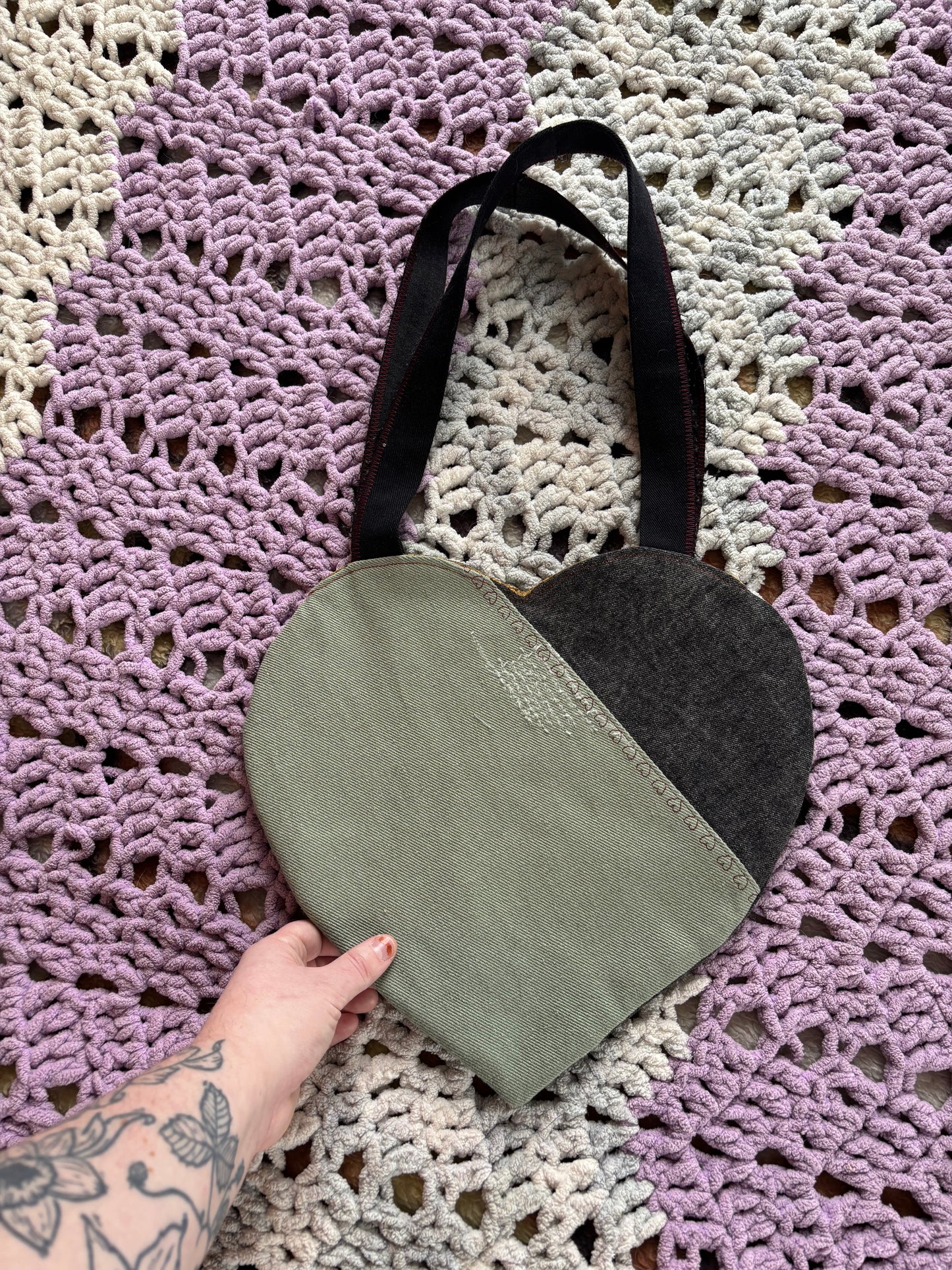 Black and Green Denim Patchwork Heart Stitched Lined Tote