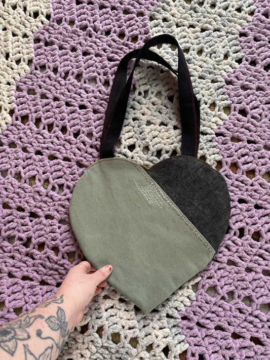 Black and Green Denim Patchwork Heart Stitched Lined Tote