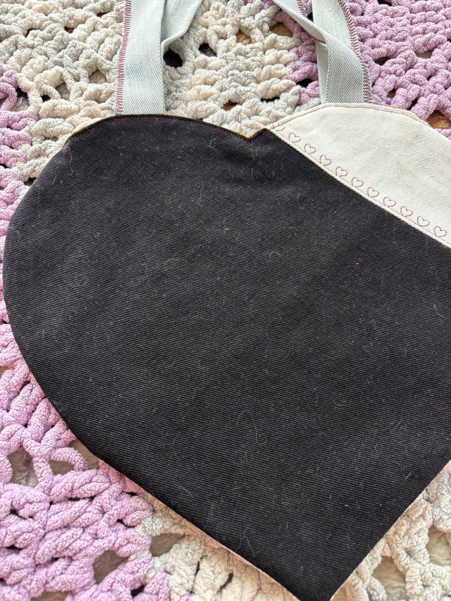 Black and White Denim Patchwork Heart Stitched Lined Tote