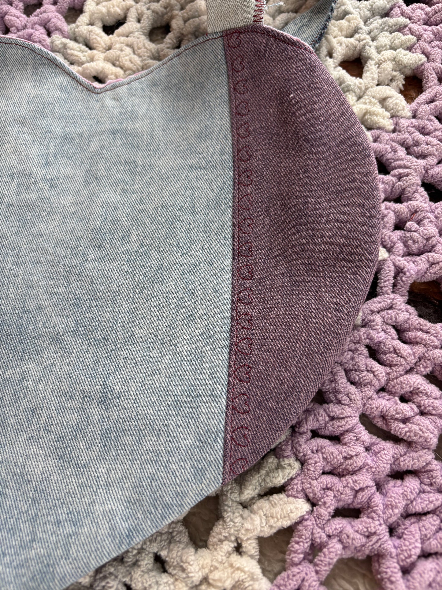 Purple and Light Wash Denim Patchwork Heart Stitched Lined Tote