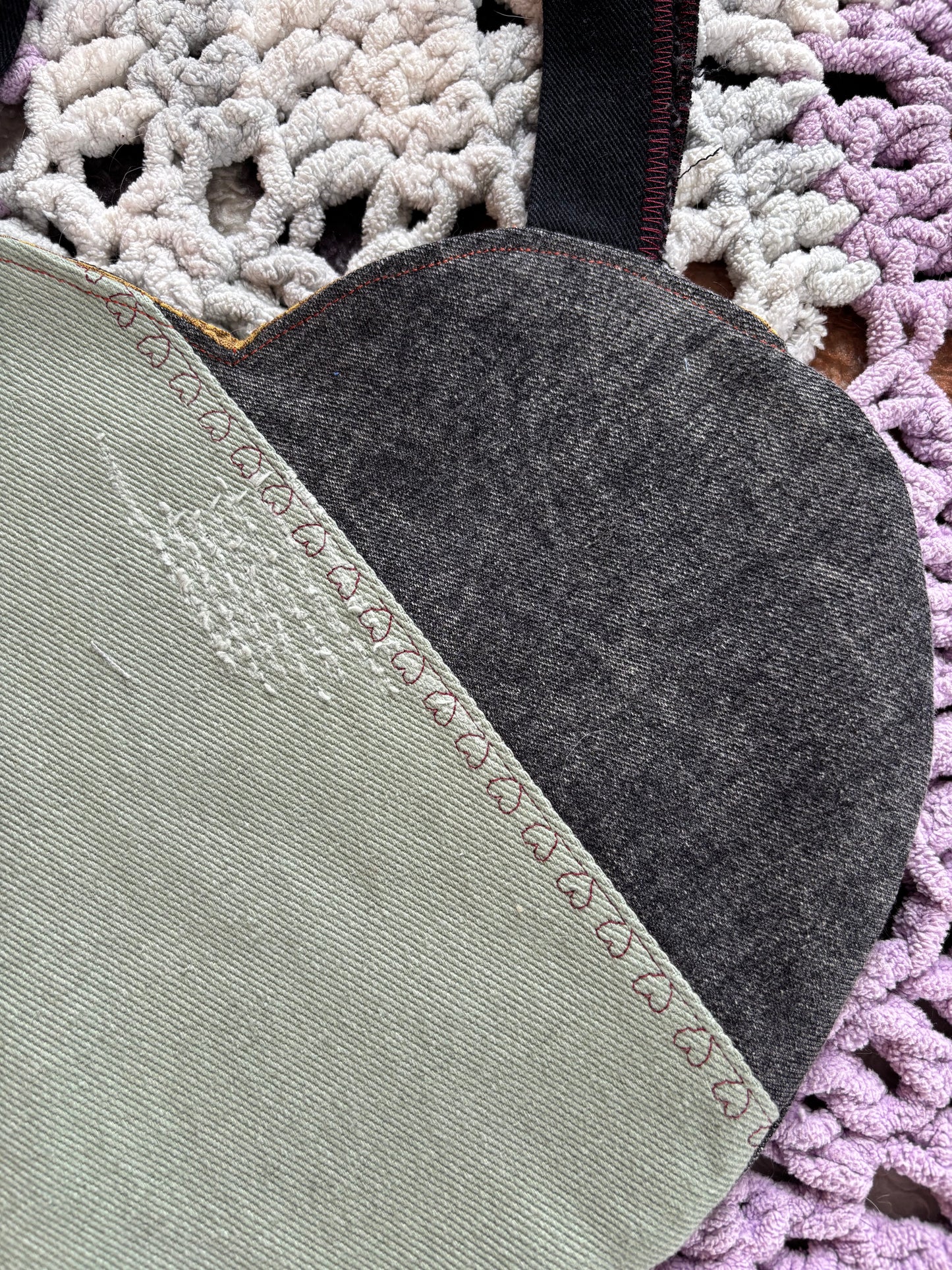 Black and Green Denim Patchwork Heart Stitched Lined Tote