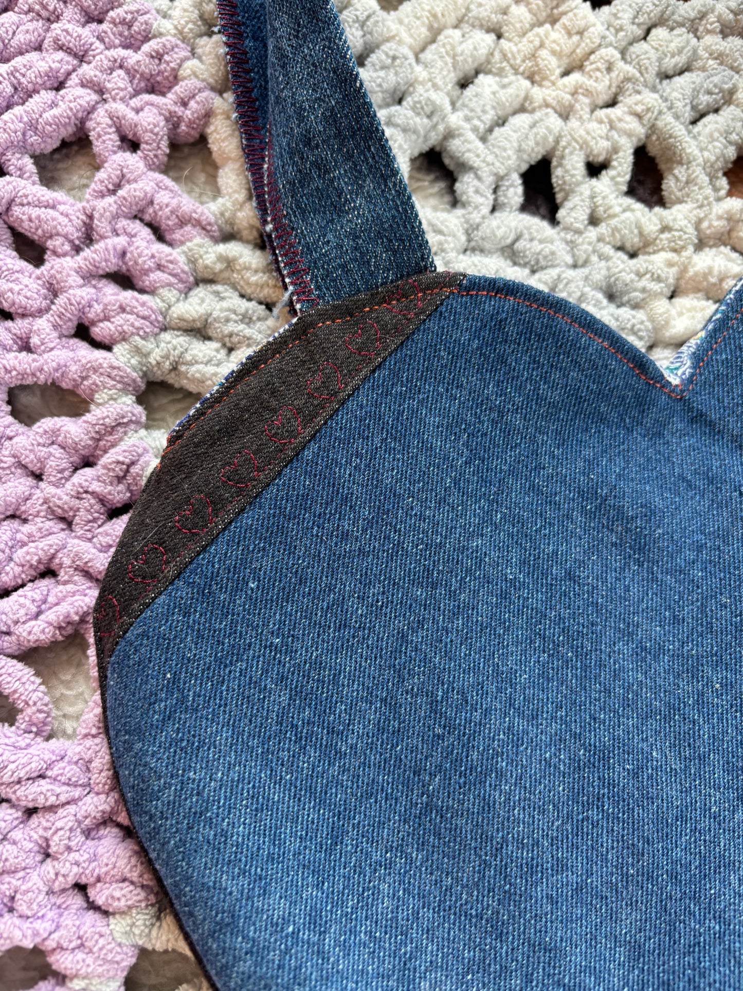 Black and Blue Denim Patchwork Heart Stitched Lined Tote
