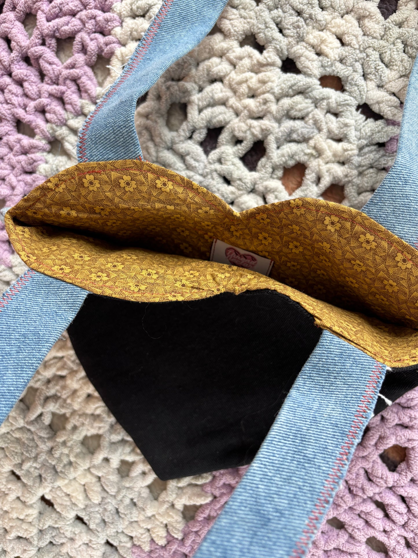 Black and Green Denim Patchwork Heart Stitched Lined Tote