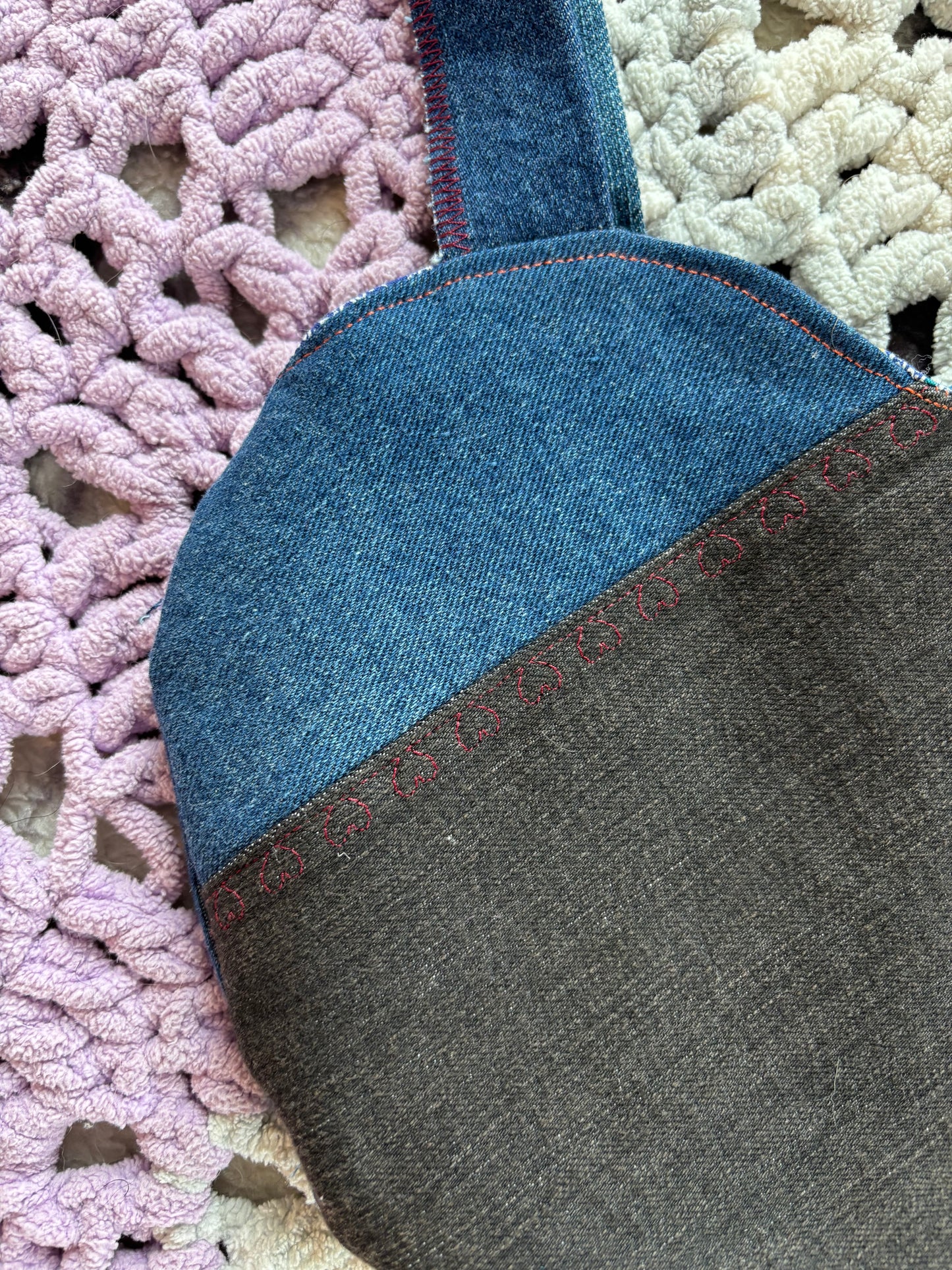 Black and Blue Denim Patchwork Heart Stitched Lined Tote