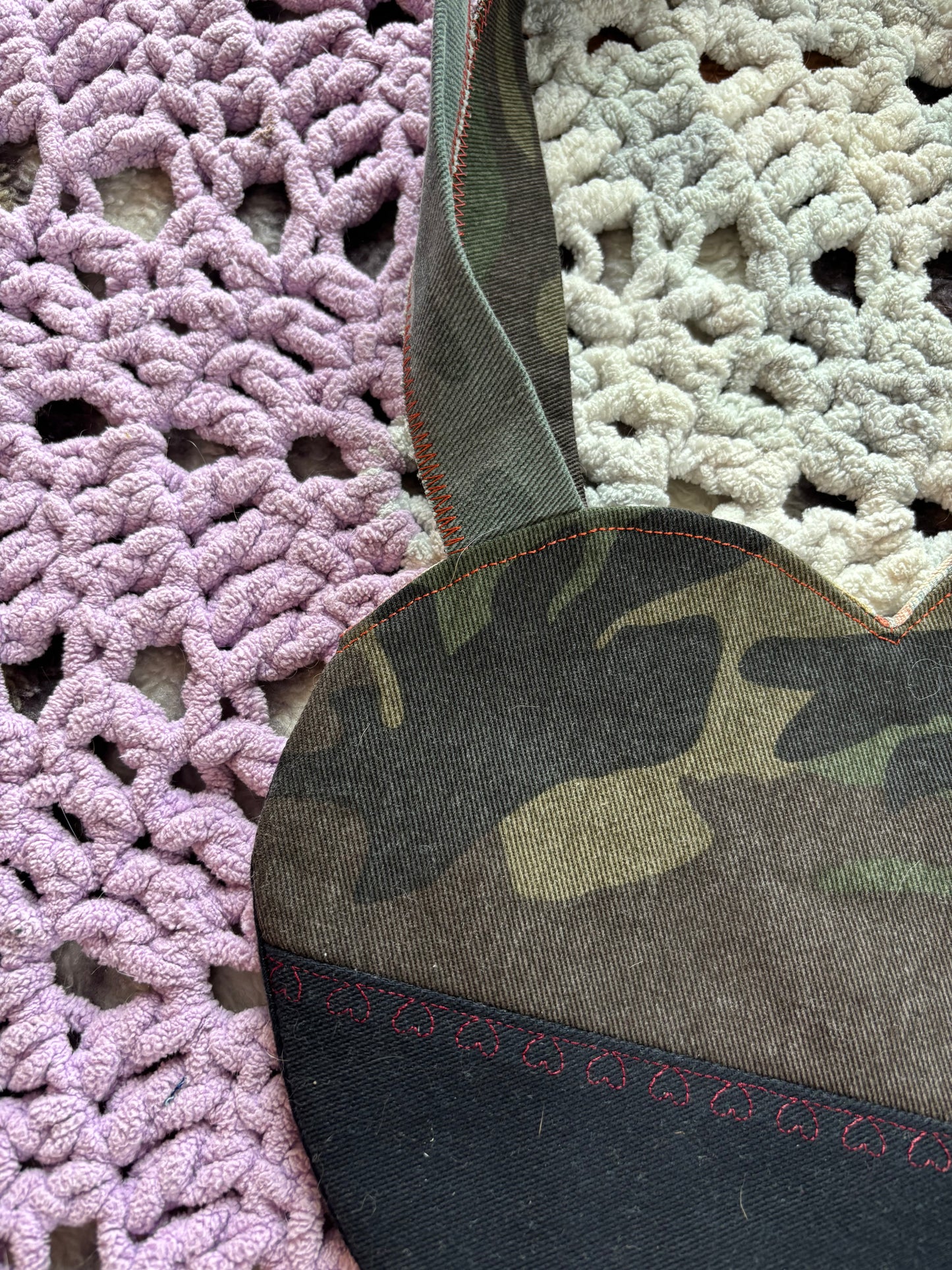 Black and Camo Denim Patchwork Heart Stitched Lined Tote