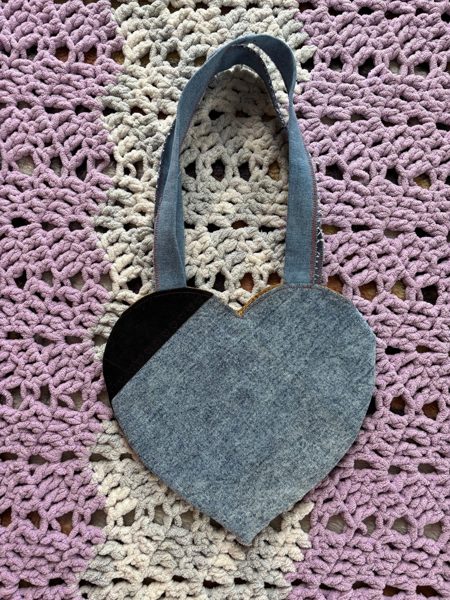 Black and Light Wash Denim Patchwork Heart Stitched Lined Tote