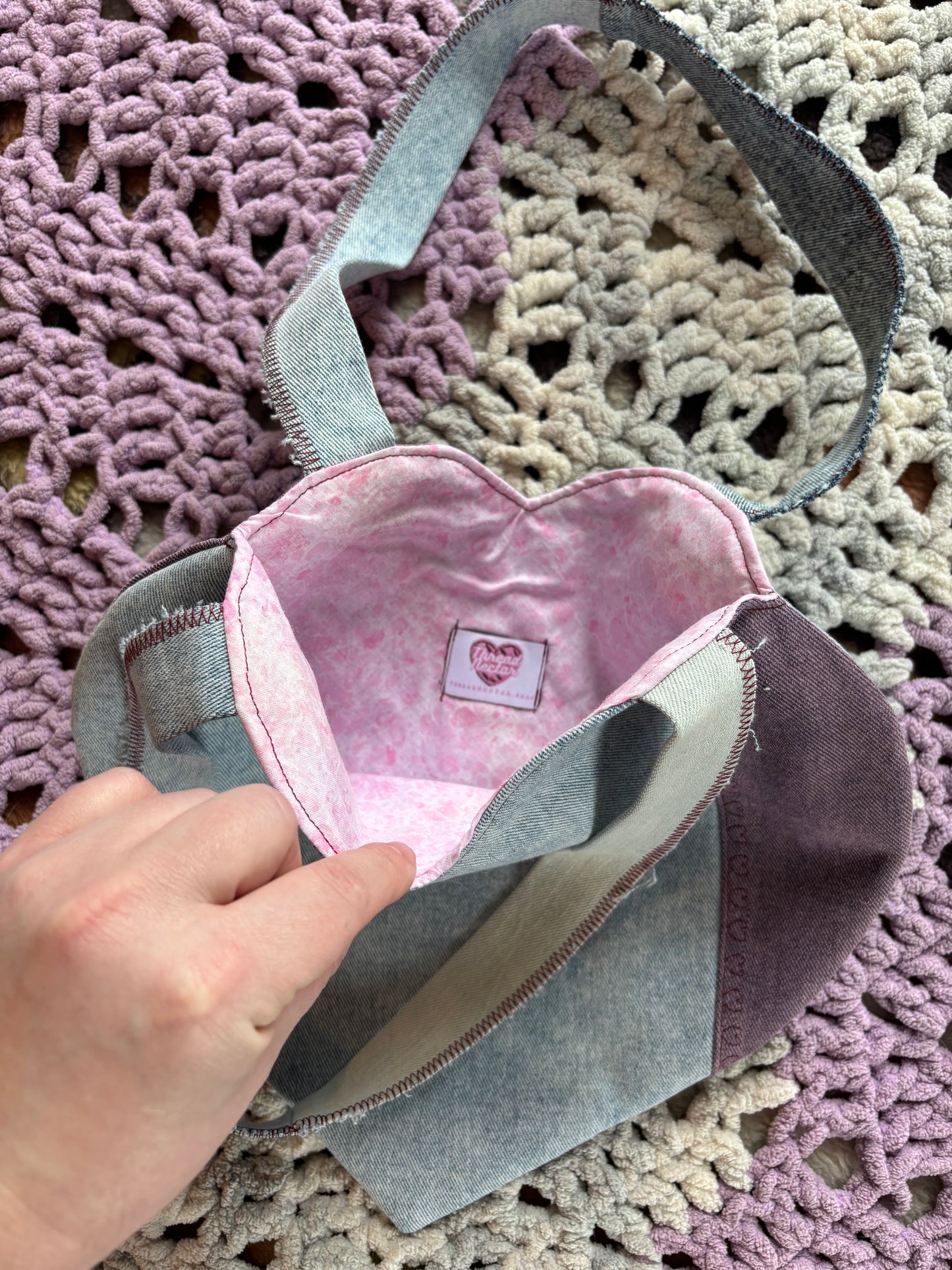 Purple and Light Wash Denim Patchwork Heart Stitched Lined Tote
