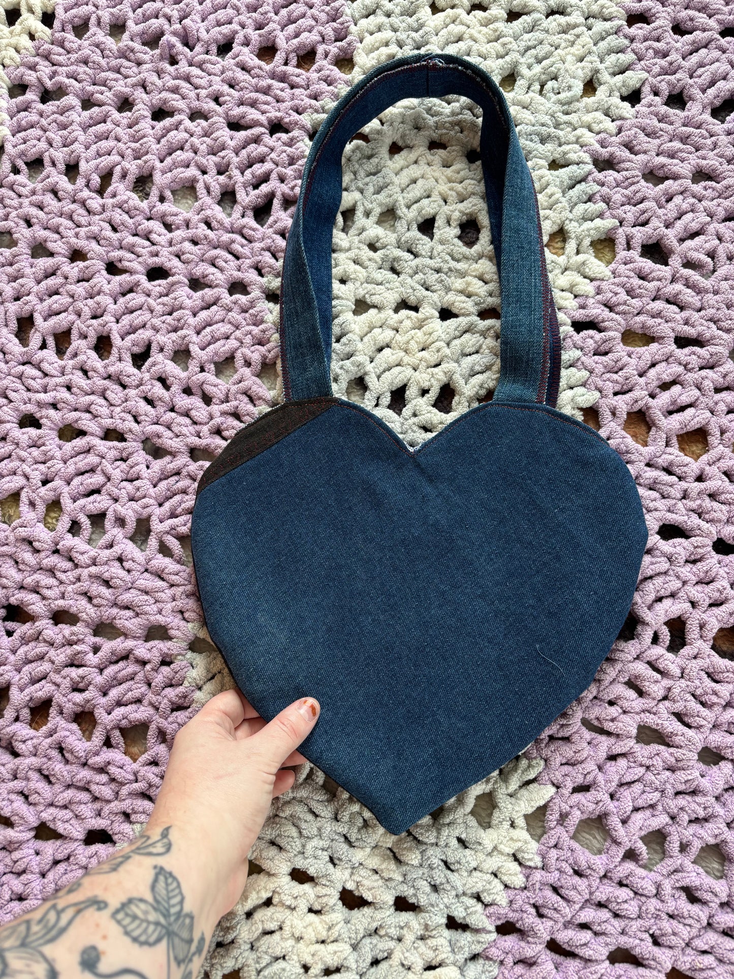 Black and Blue Denim Patchwork Heart Stitched Lined Tote