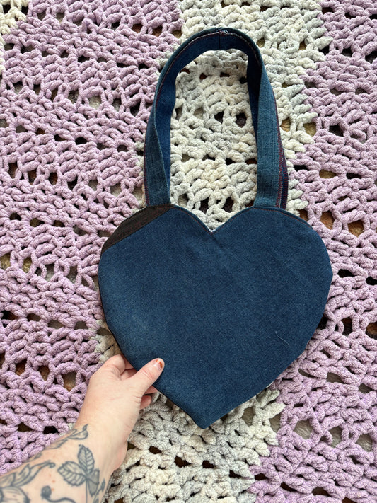 Black and Blue Denim Patchwork Heart Stitched Lined Tote