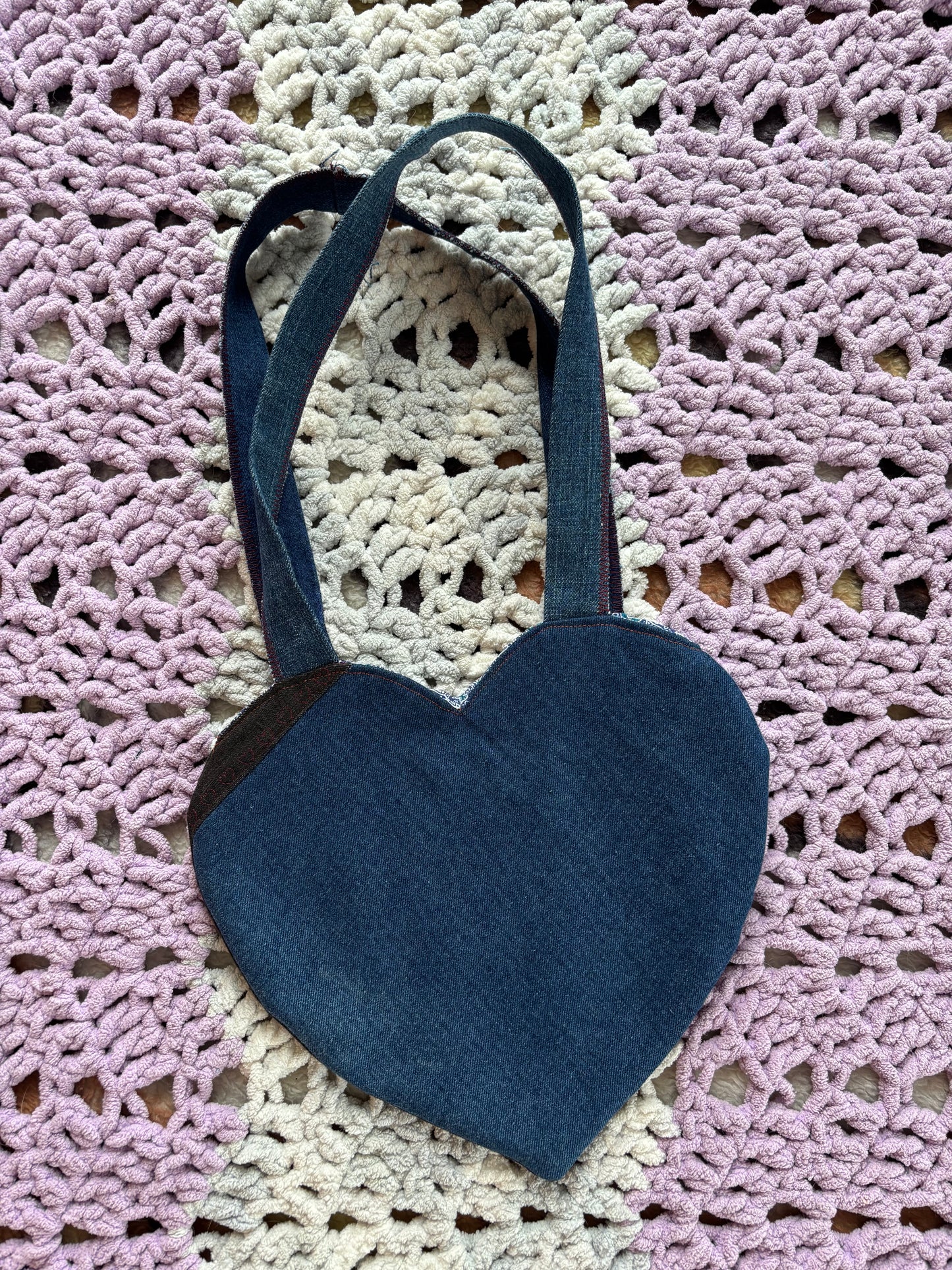 Black and Blue Denim Patchwork Heart Stitched Lined Tote