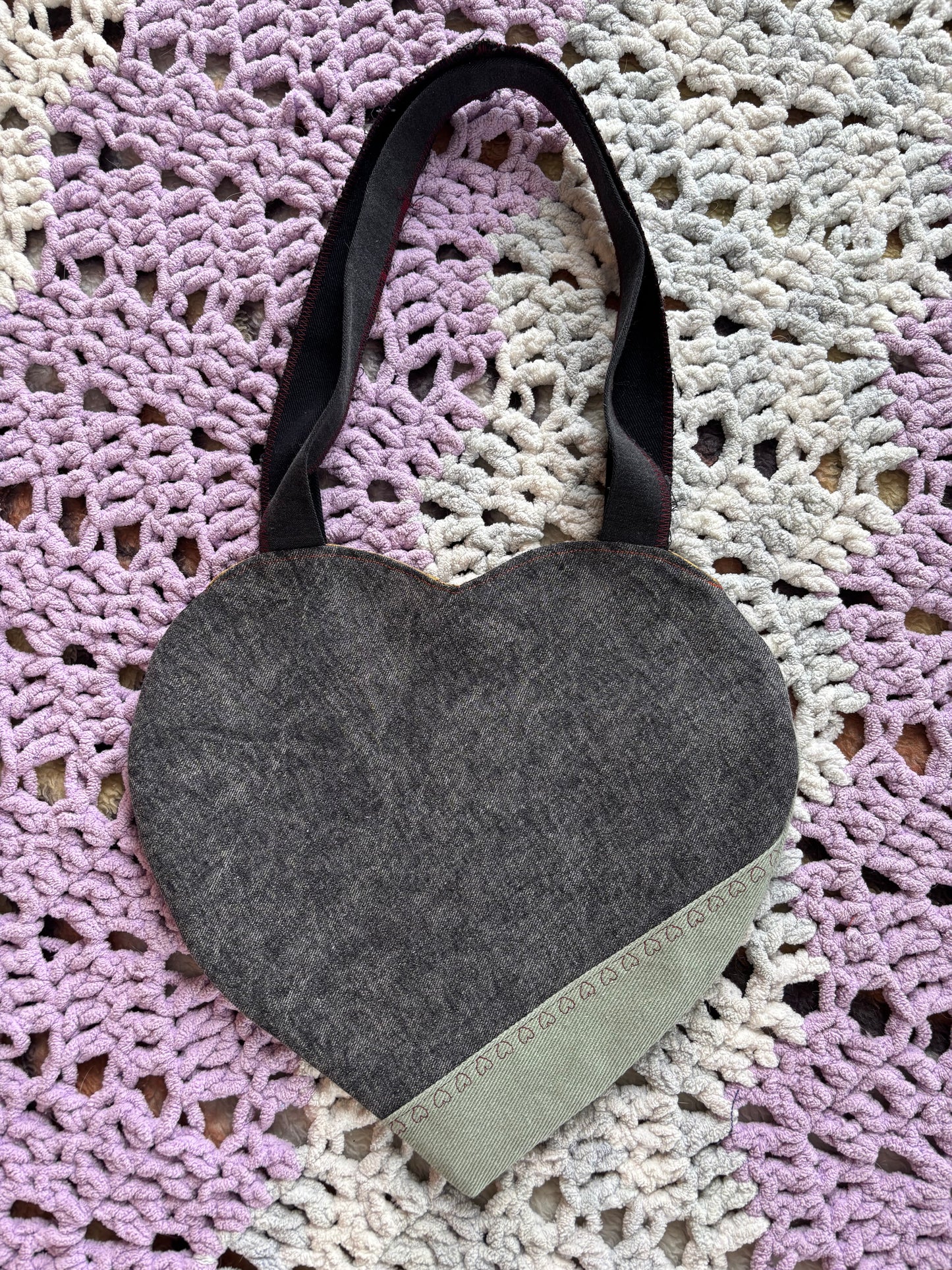 Black and Green Denim Patchwork Heart Stitched Lined Tote