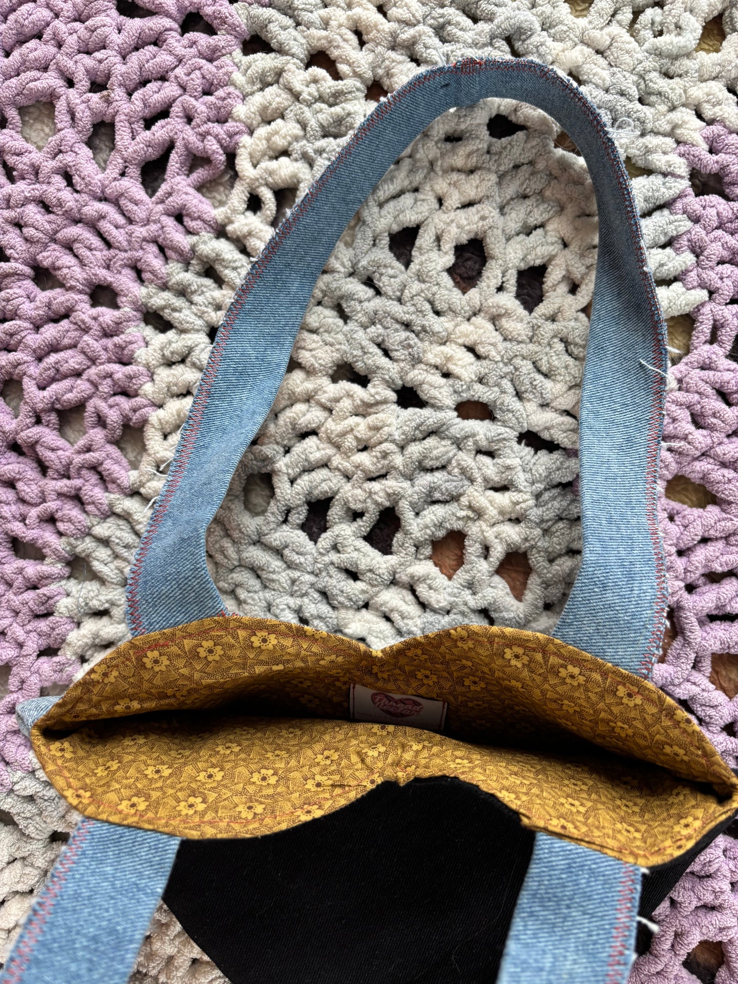 Black and Light Wash Denim Patchwork Heart Stitched Lined Tote