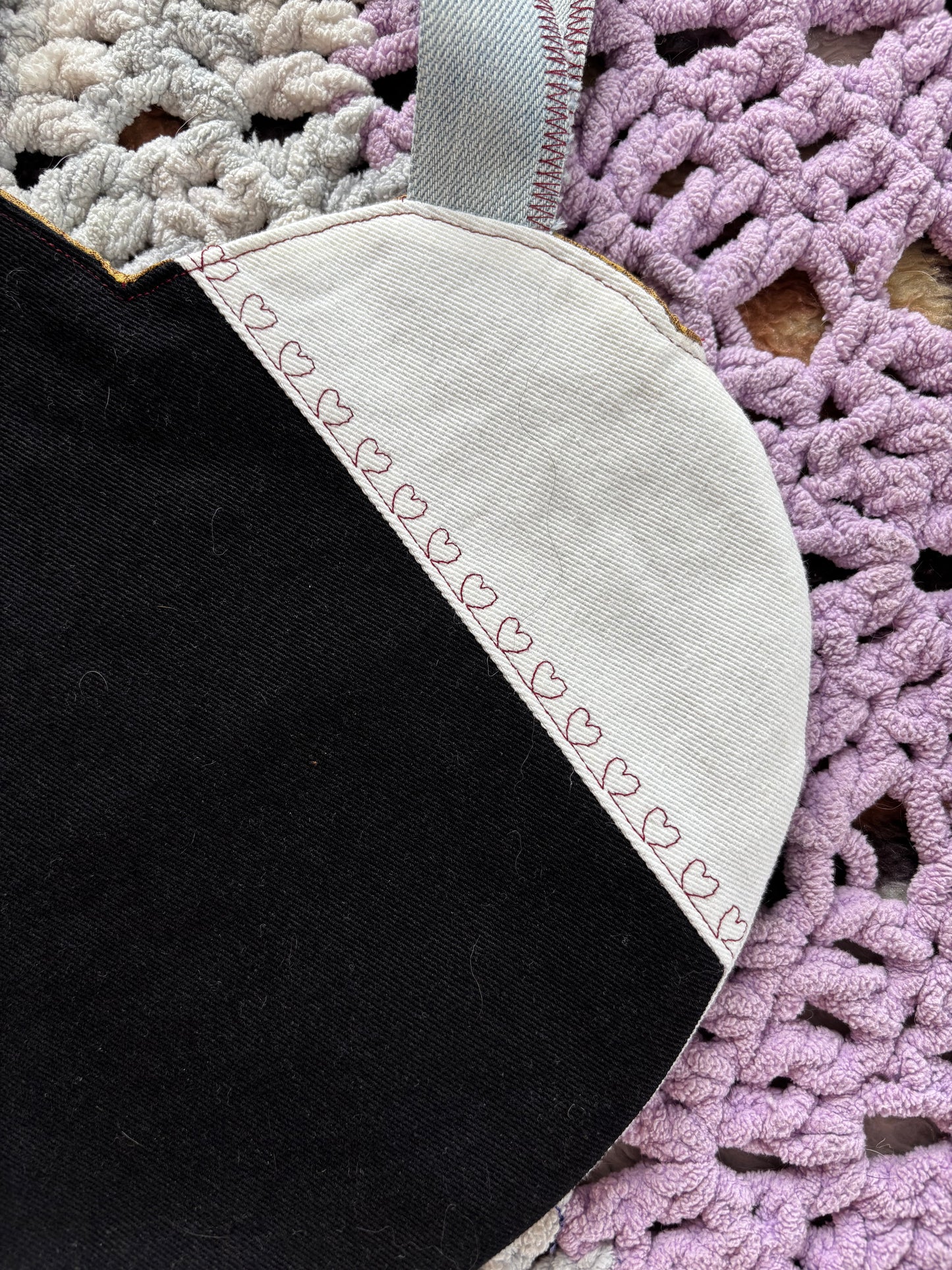Black and White Denim Patchwork Heart Stitched Lined Tote