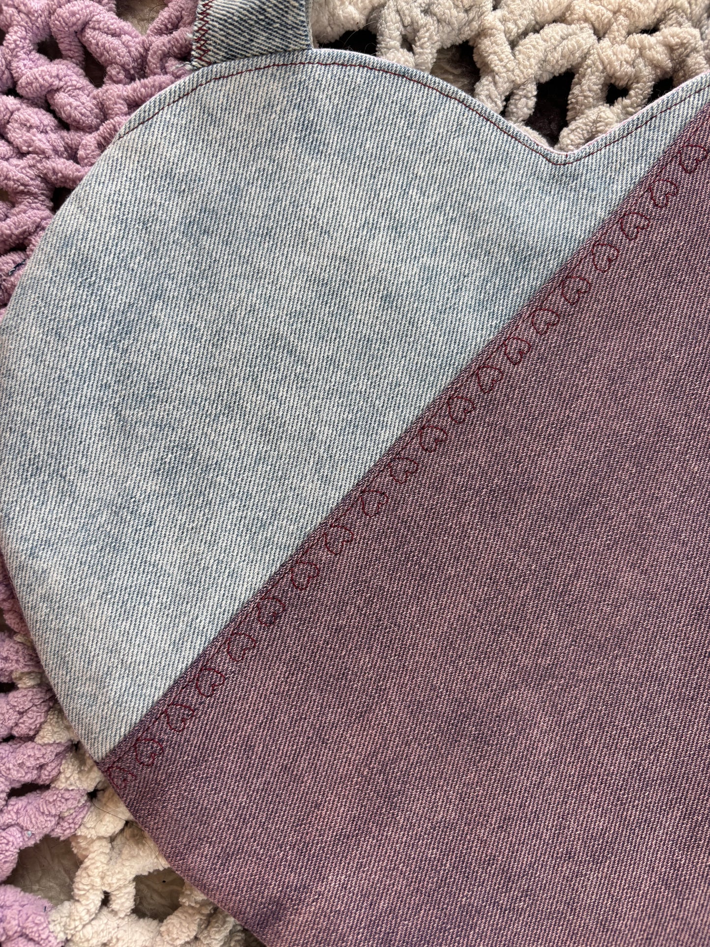 Purple and Light Wash Denim Patchwork Heart Stitched Lined Tote