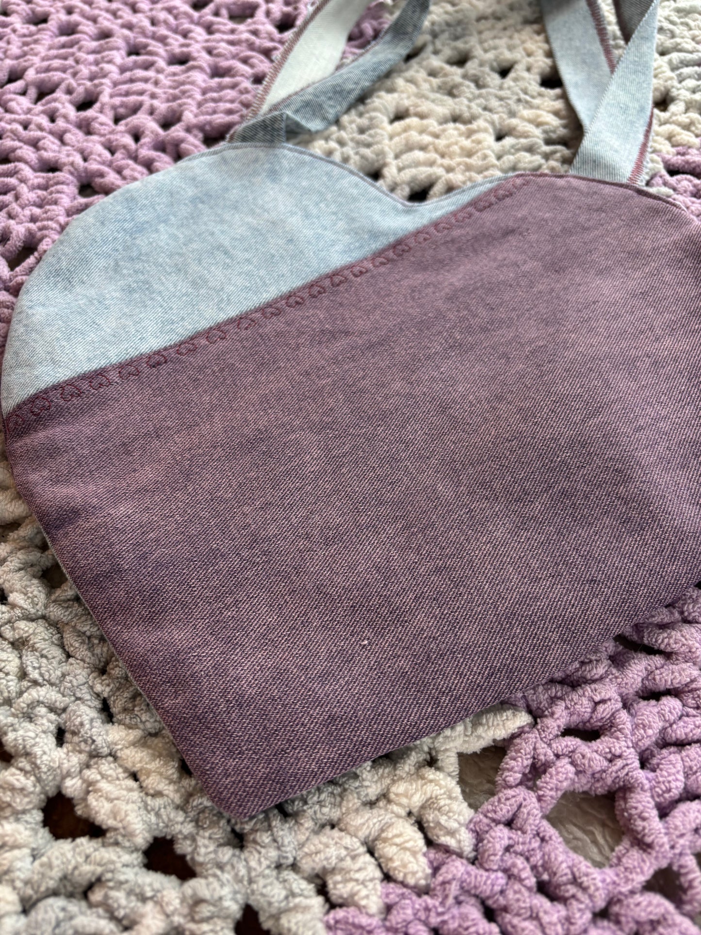 Purple and Light Wash Denim Patchwork Heart Stitched Lined Tote