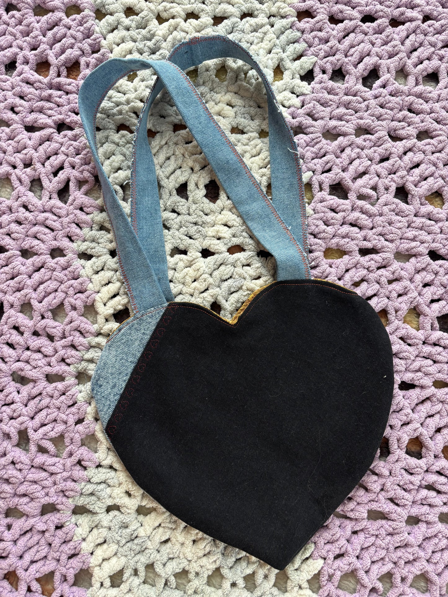 Black and Light Wash Denim Patchwork Heart Stitched Lined Tote