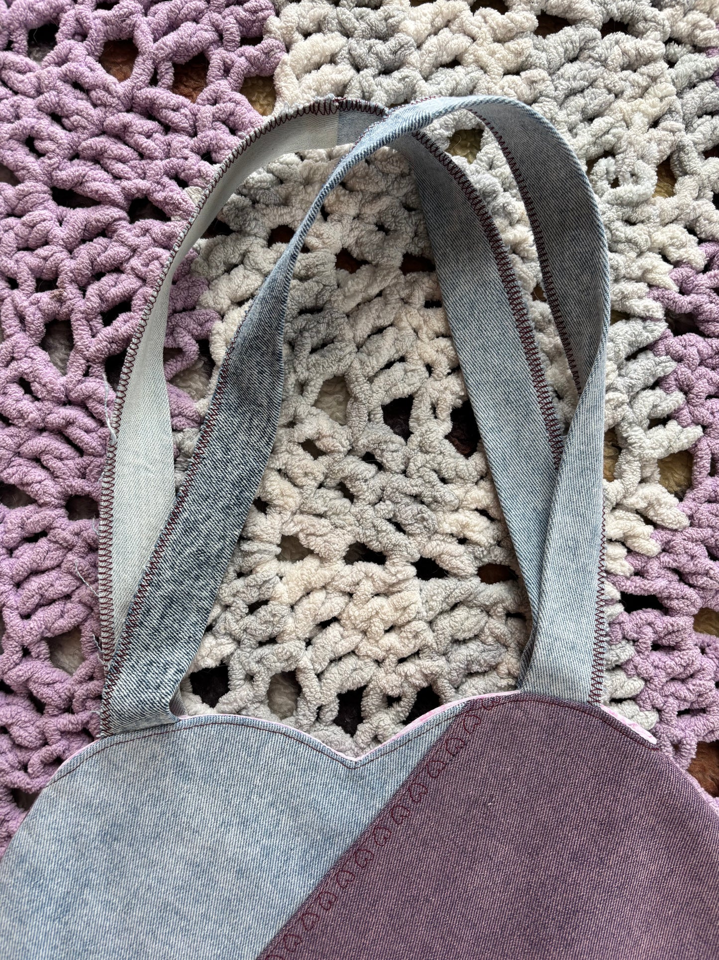 Purple and Light Wash Denim Patchwork Heart Stitched Lined Tote