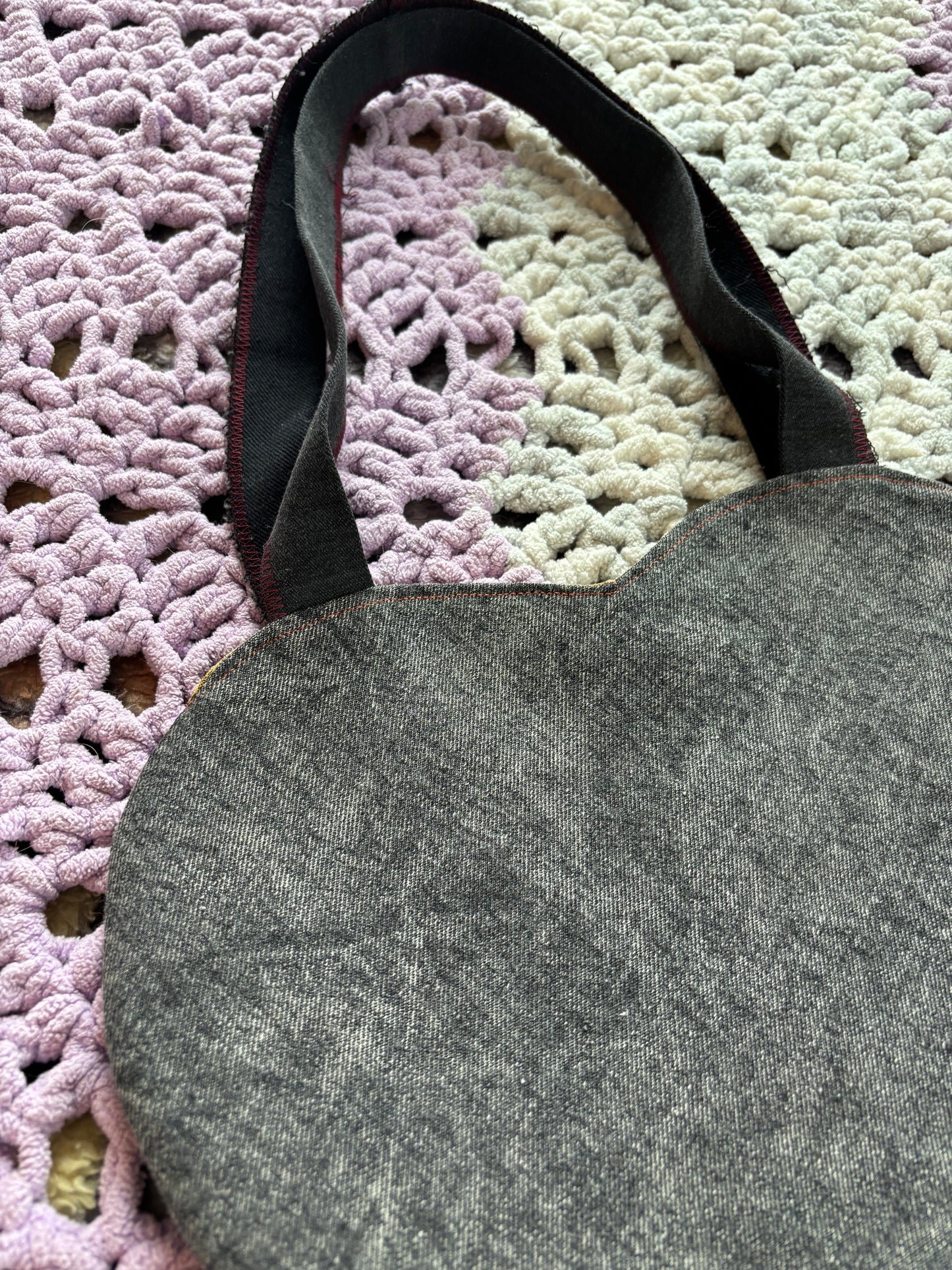 Black and Green Denim Patchwork Heart Stitched Lined Tote