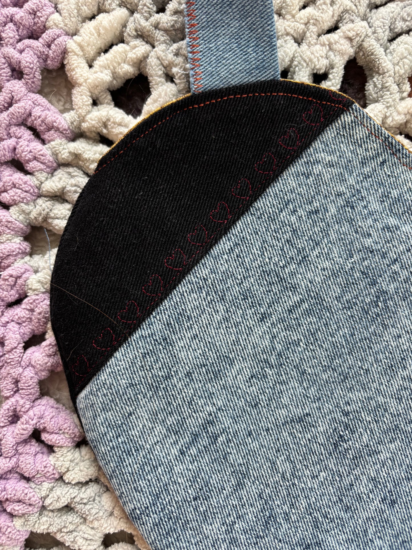 Black and Light Wash Denim Patchwork Heart Stitched Lined Tote