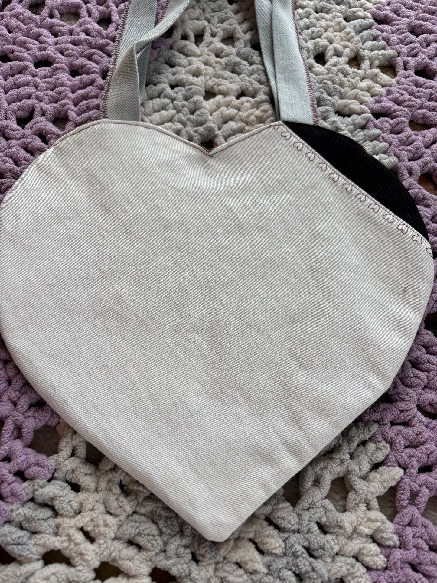 Black and White Denim Patchwork Heart Stitched Lined Tote