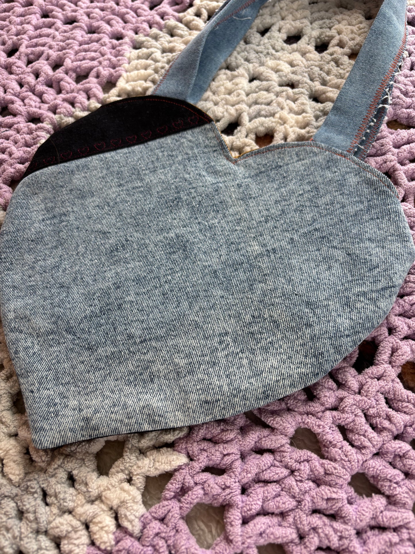 Black and Light Wash Denim Patchwork Heart Stitched Lined Tote