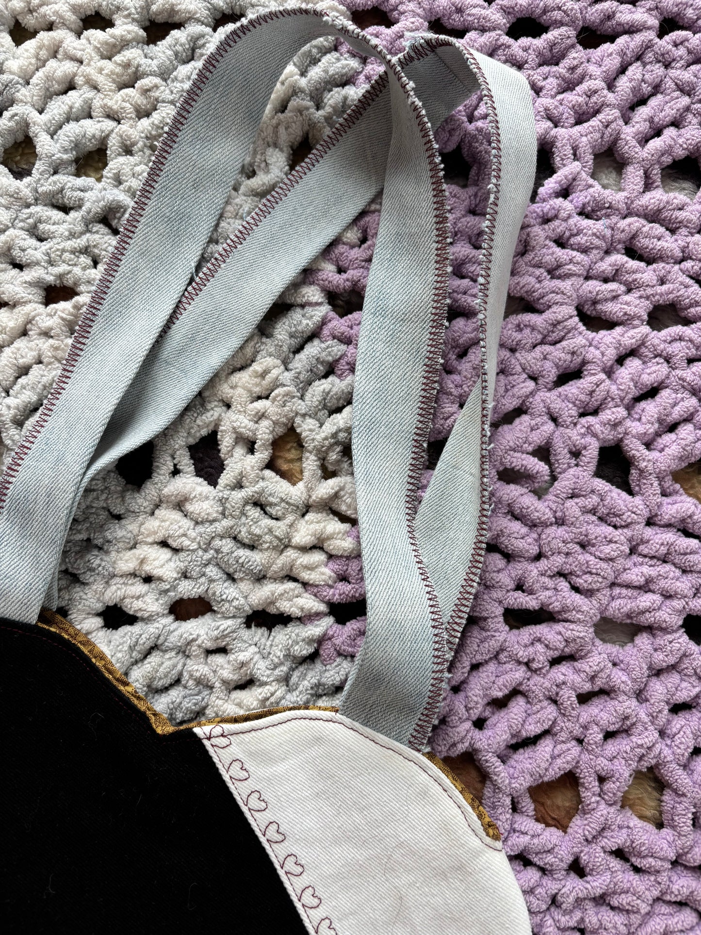 Black and White Denim Patchwork Heart Stitched Lined Tote