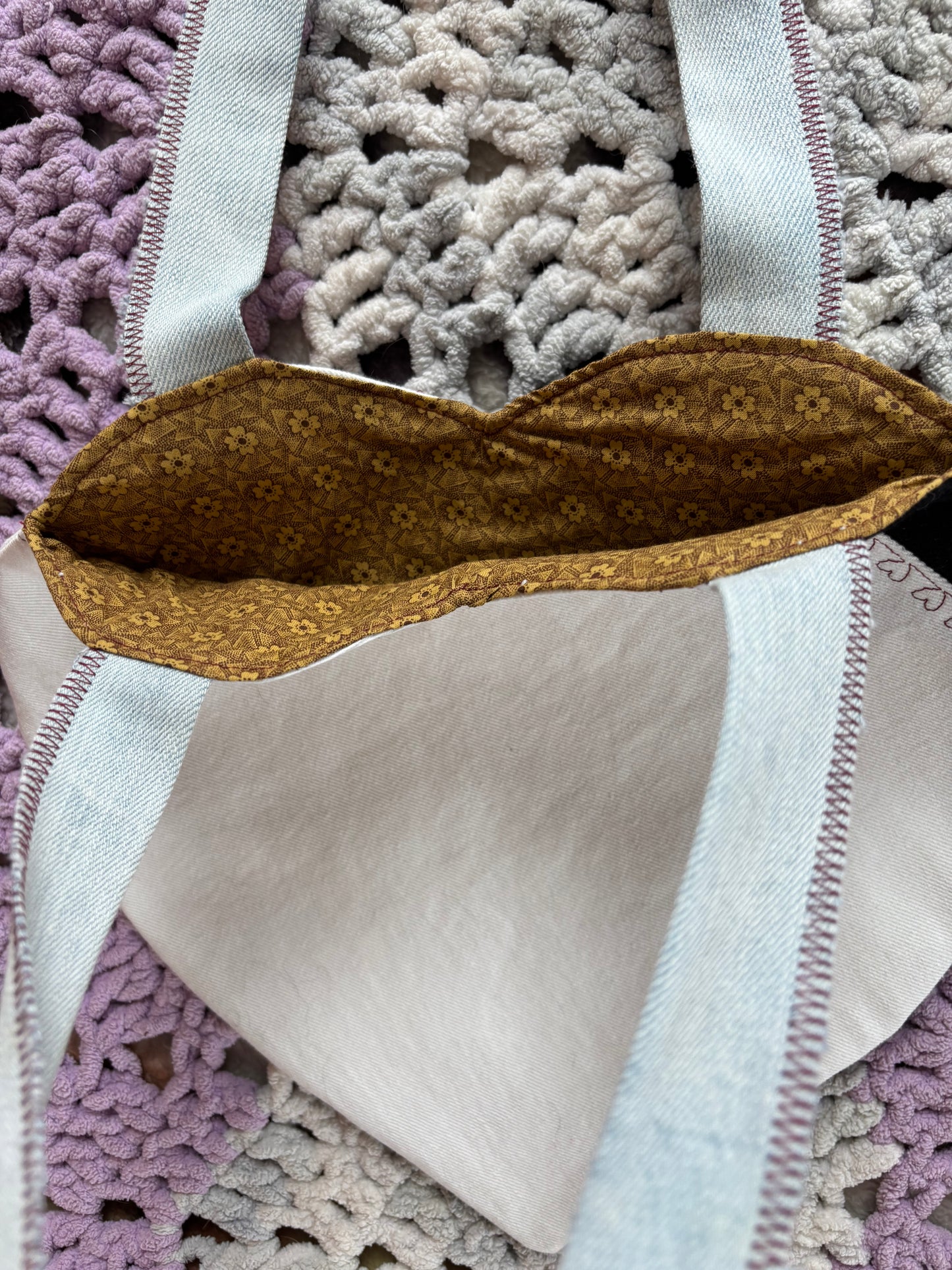 Black and White Denim Patchwork Heart Stitched Lined Tote