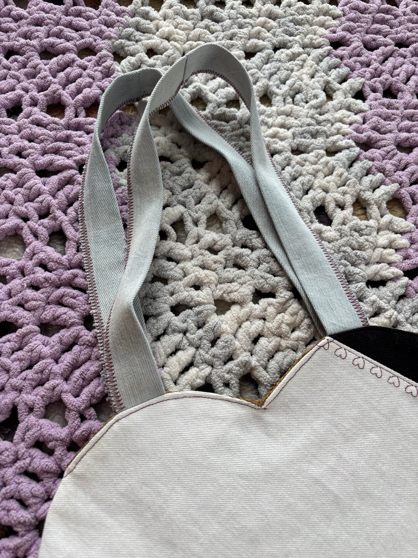 Black and White Denim Patchwork Heart Stitched Lined Tote