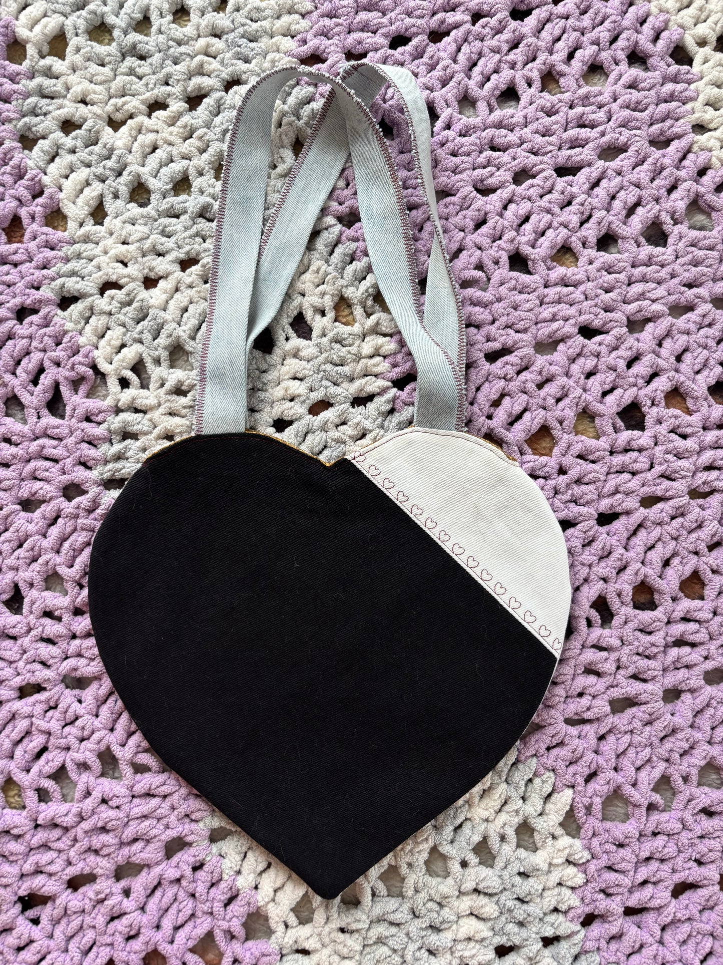 Black and White Denim Patchwork Heart Stitched Lined Tote