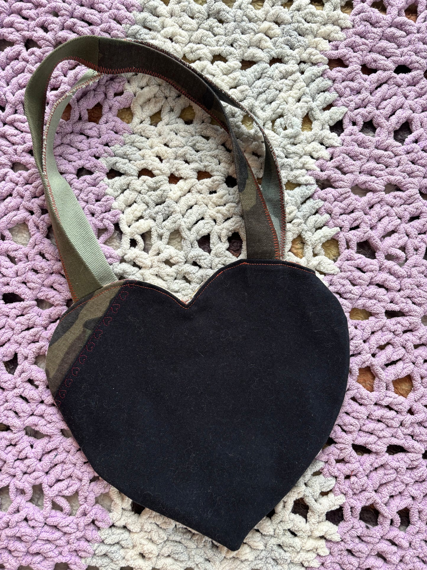 Black and Camo Denim Patchwork Heart Stitched Lined Tote