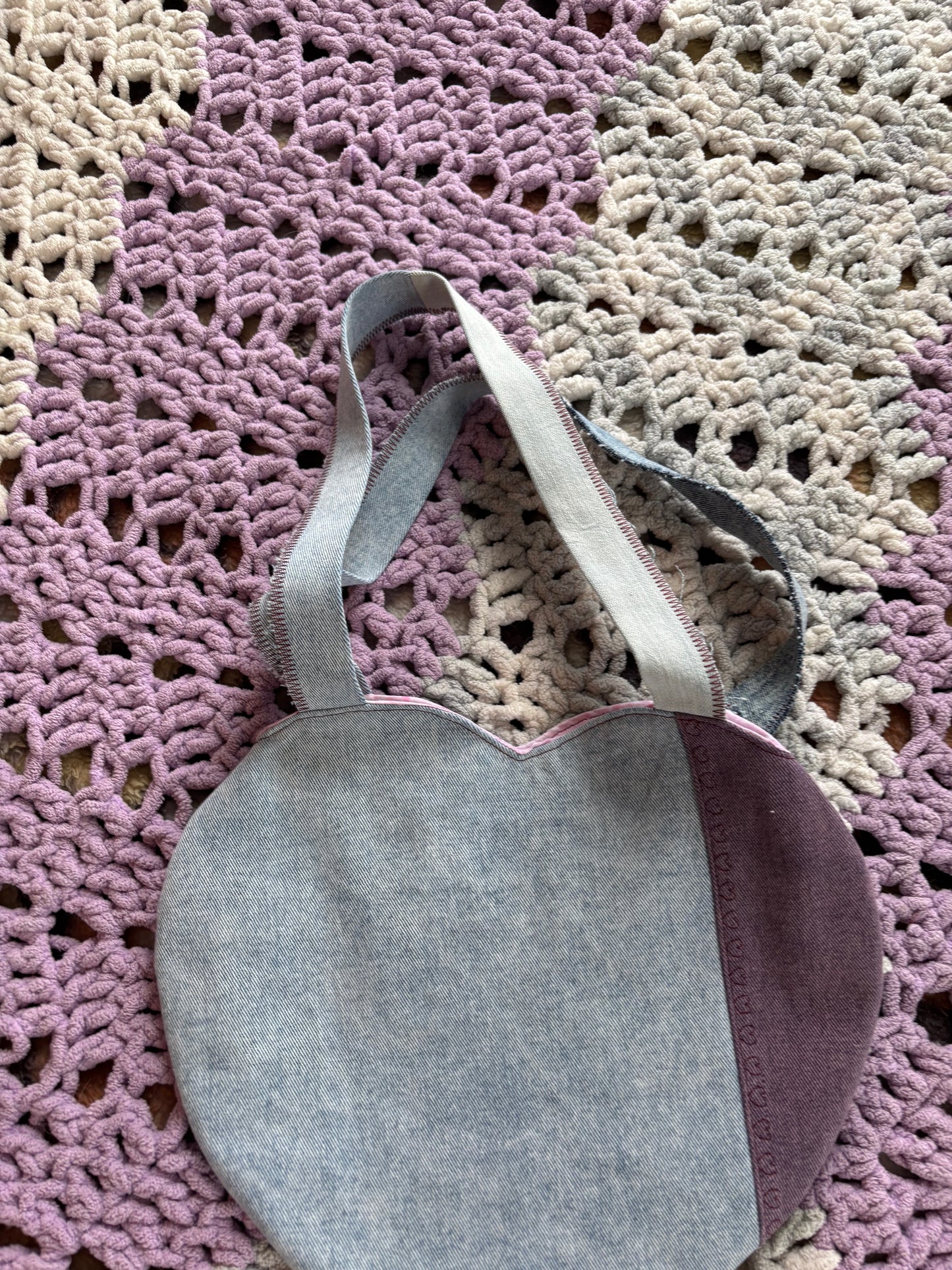 Purple and Light Wash Denim Patchwork Heart Stitched Lined Tote