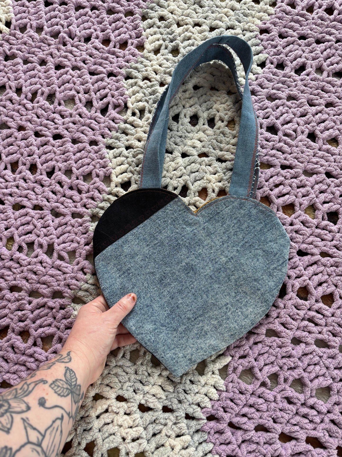 Black and Light Wash Denim Patchwork Heart Stitched Lined Tote