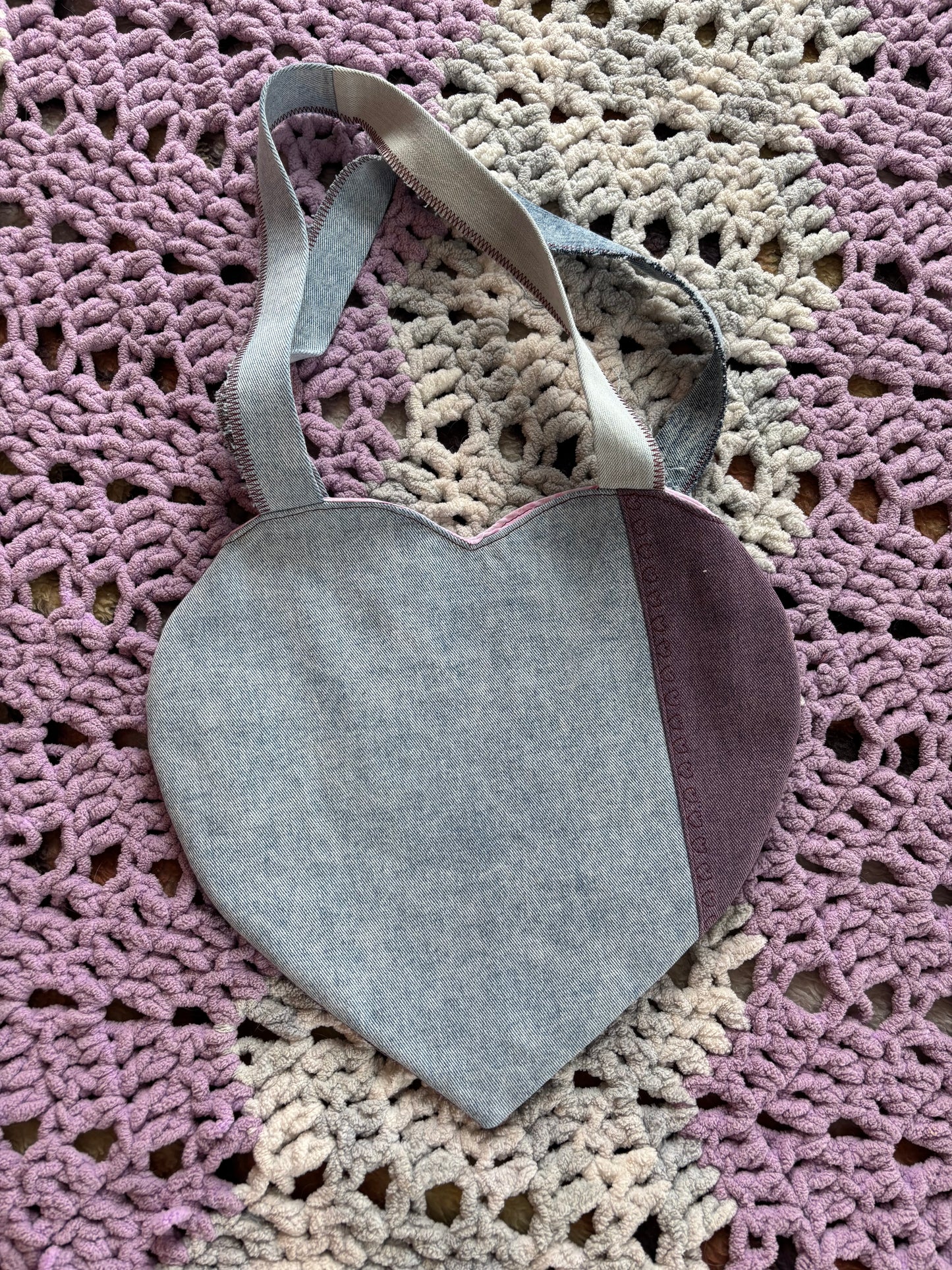 Purple and Light Wash Denim Patchwork Heart Stitched Lined Tote
