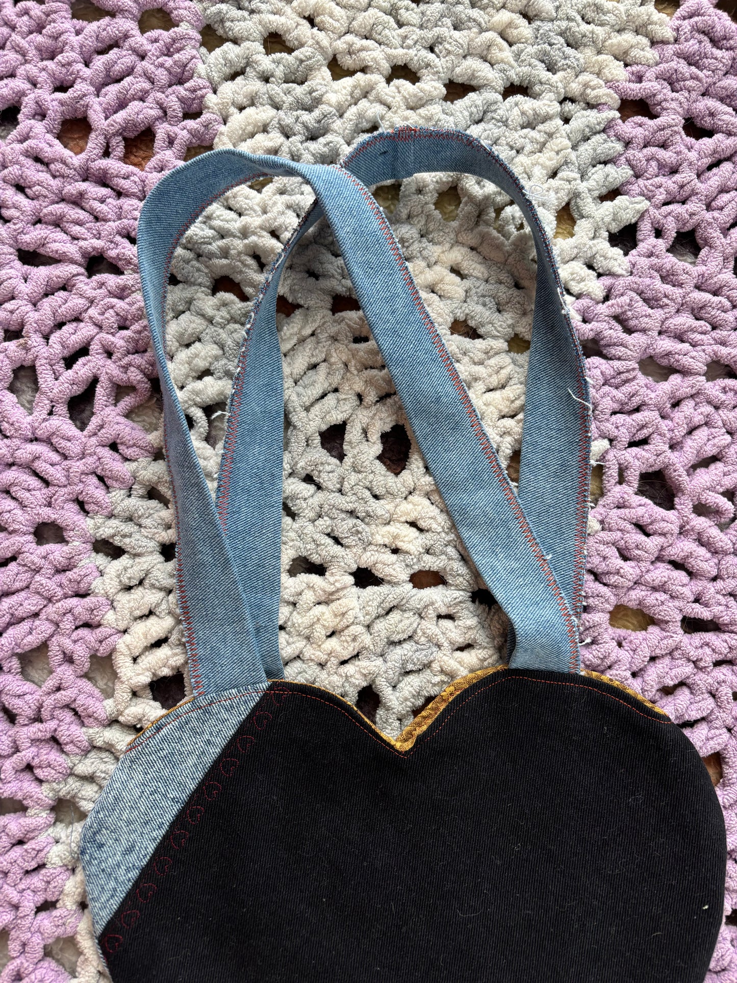 Black and Light Wash Denim Patchwork Heart Stitched Lined Tote