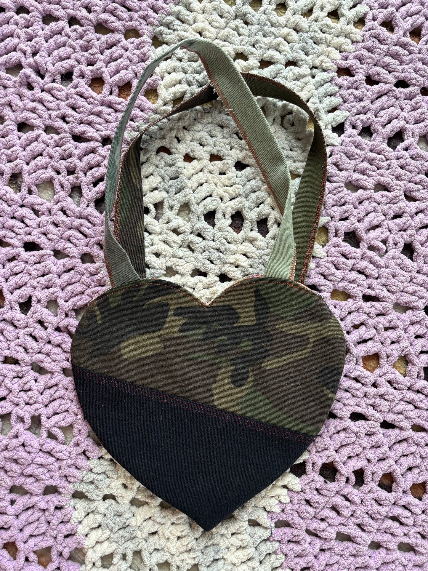 Black and Camo Denim Patchwork Heart Stitched Lined Tote