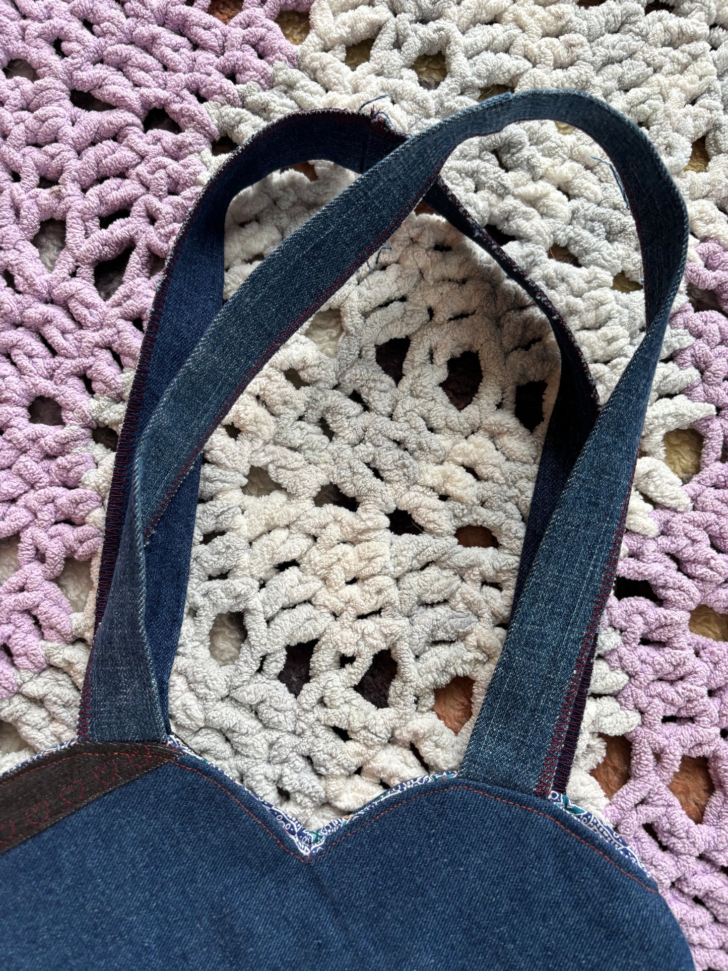 Black and Blue Denim Patchwork Heart Stitched Lined Tote