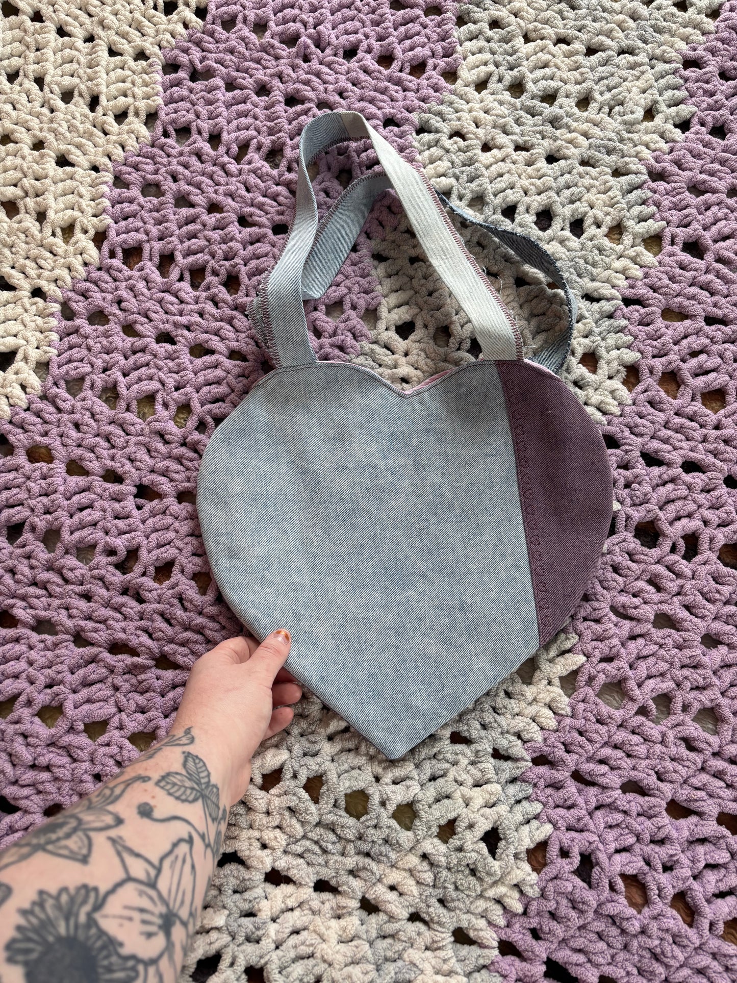Purple and Light Wash Denim Patchwork Heart Stitched Lined Tote