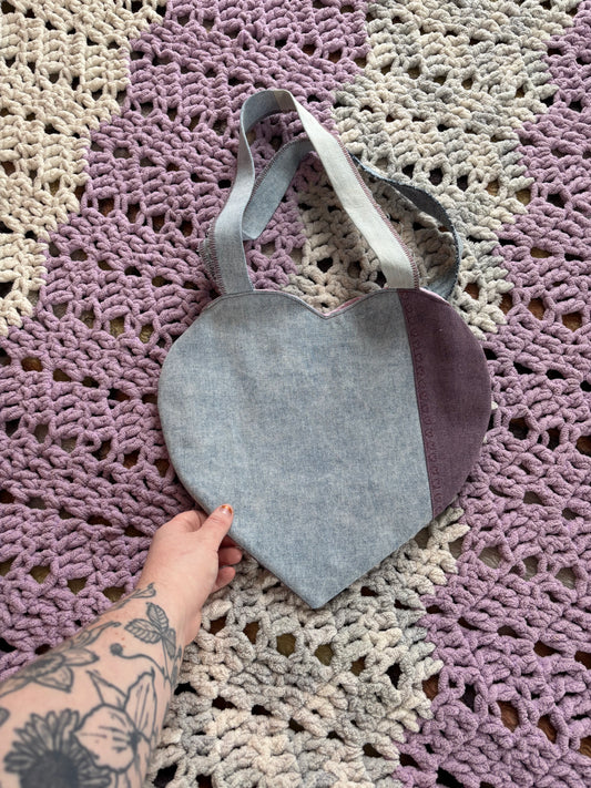 Purple and Light Wash Denim Patchwork Heart Stitched Lined Tote