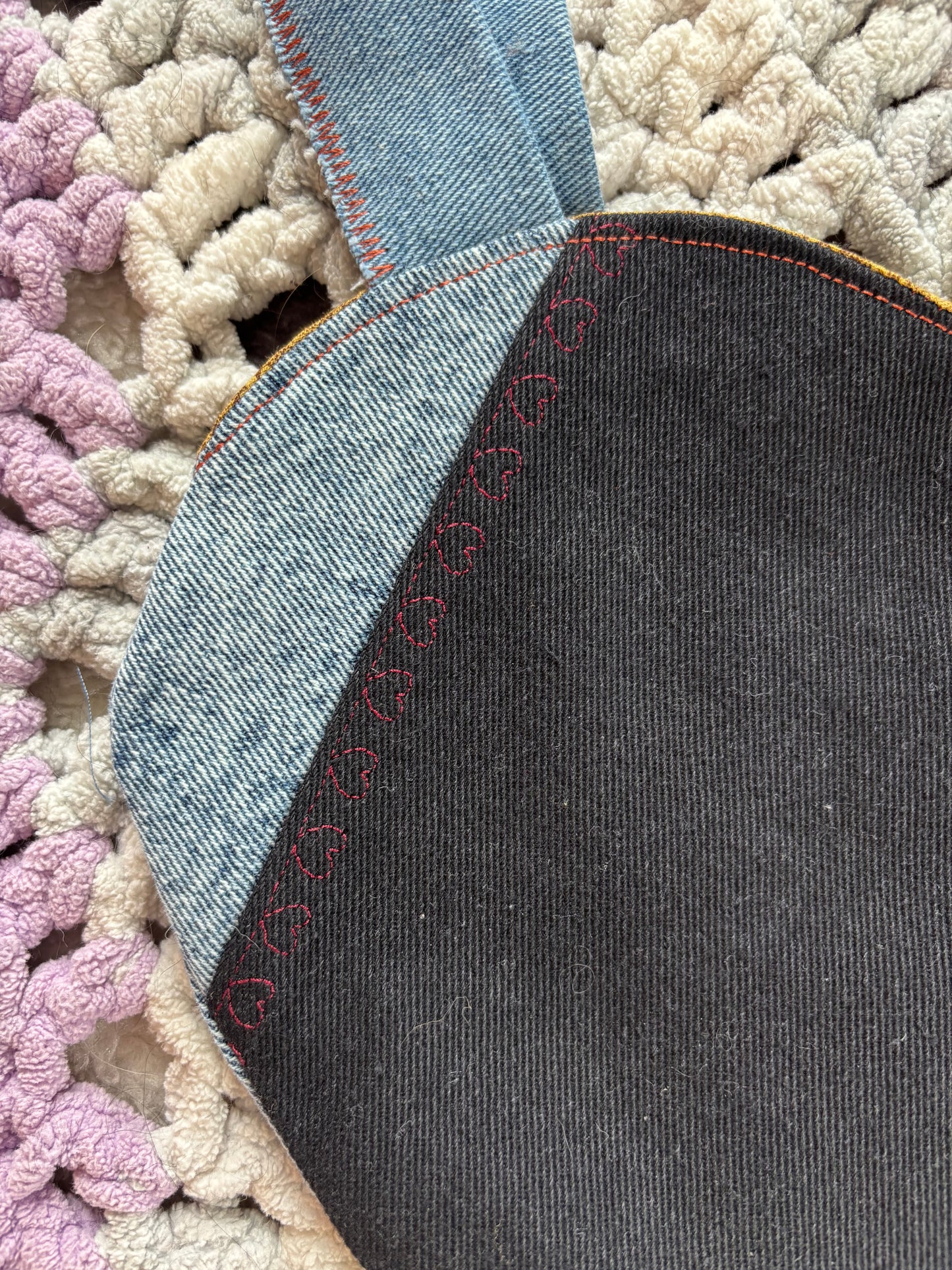 Black and Light Wash Denim Patchwork Heart Stitched Lined Tote