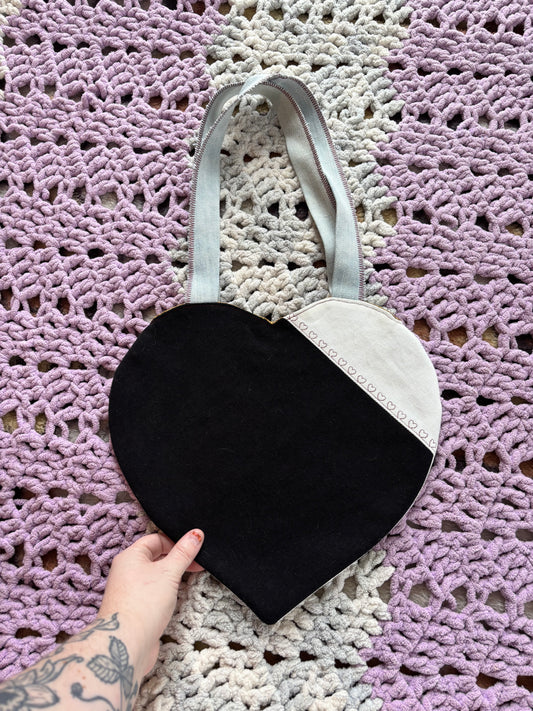 Black and White Denim Patchwork Heart Stitched Lined Tote