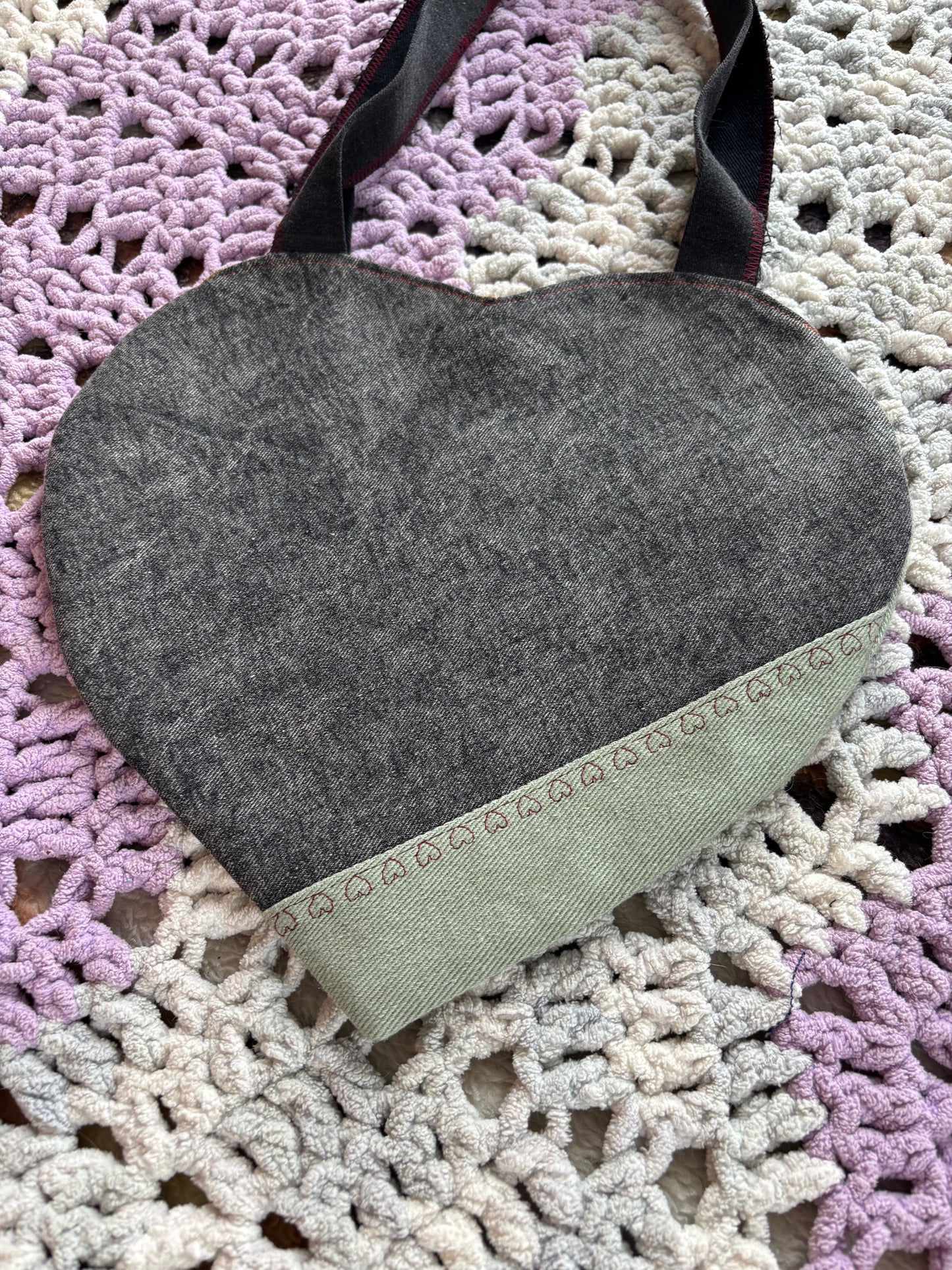 Black and Green Denim Patchwork Heart Stitched Lined Tote