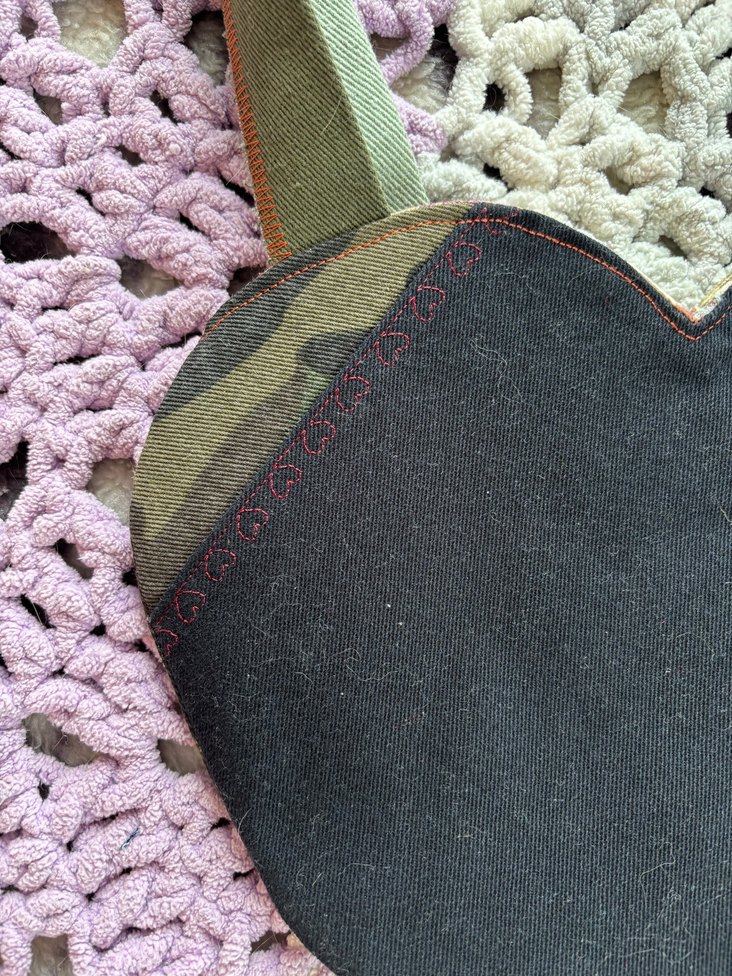 Black and Camo Denim Patchwork Heart Stitched Lined Tote