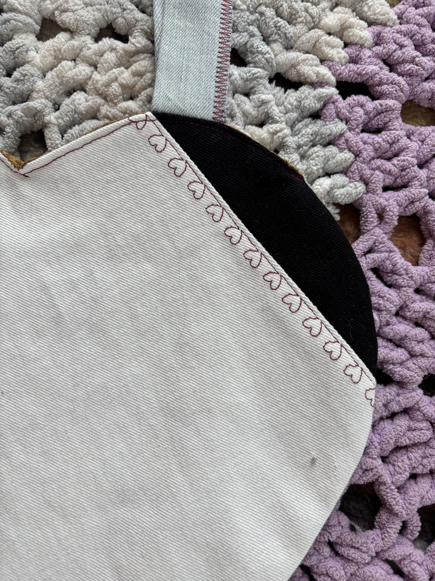 Black and White Denim Patchwork Heart Stitched Lined Tote