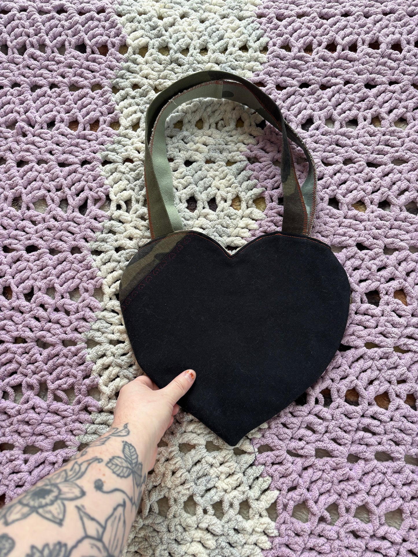 Black and Camo Denim Patchwork Heart Stitched Lined Tote