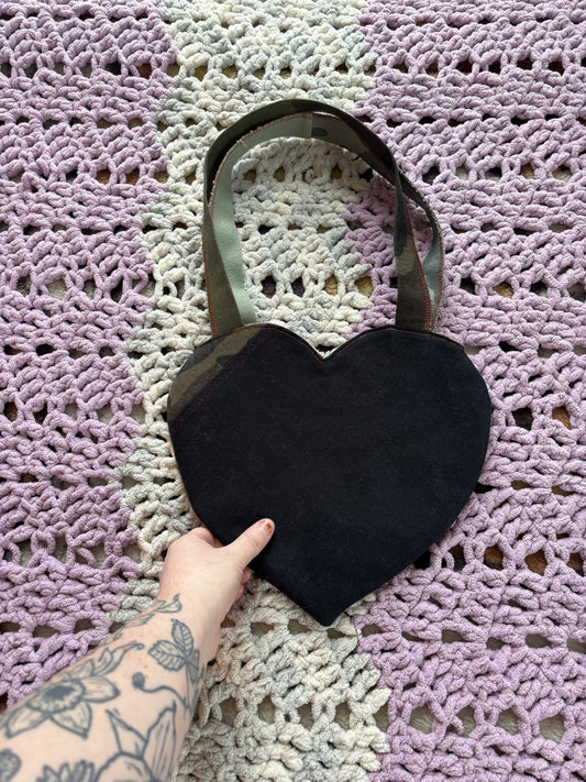Black and Camo Denim Patchwork Heart Stitched Lined Tote