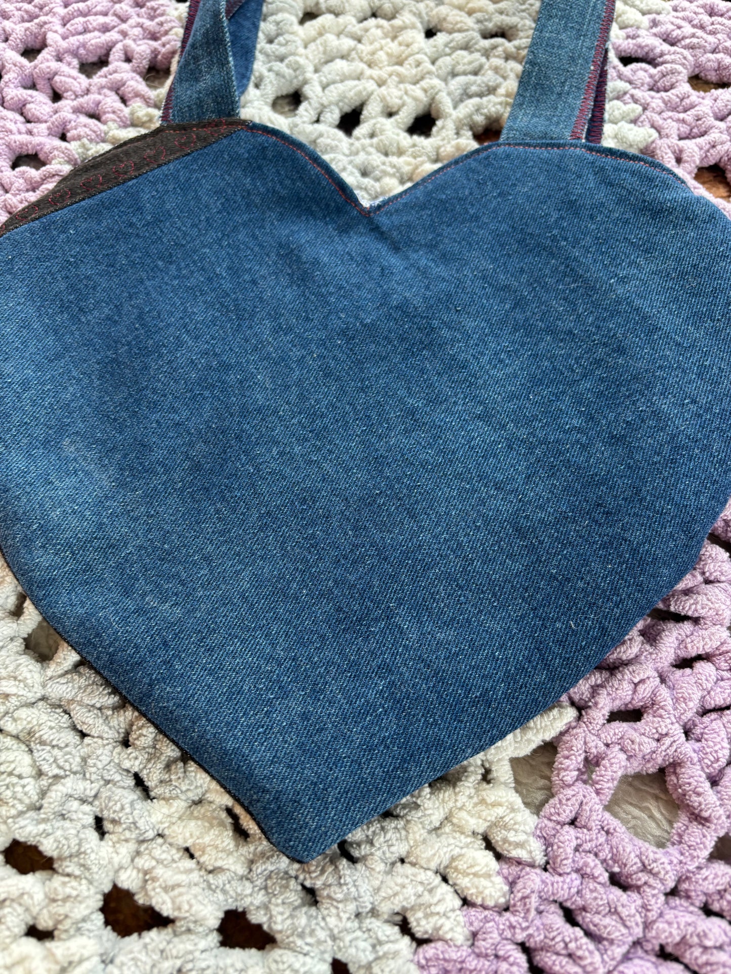 Black and Blue Denim Patchwork Heart Stitched Lined Tote