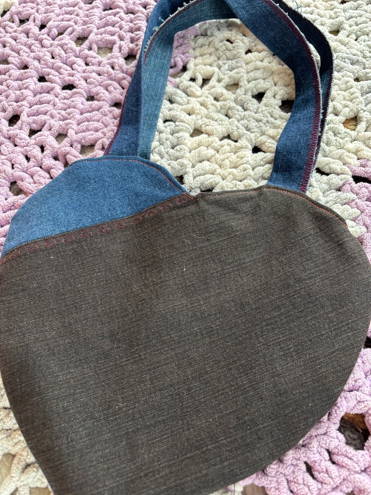 Black and Blue Denim Patchwork Heart Stitched Lined Tote