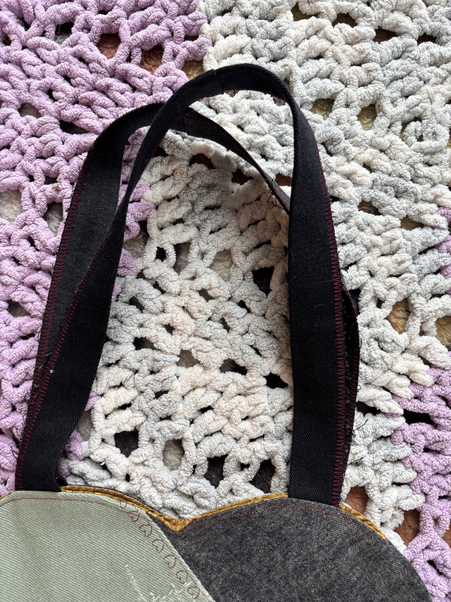 Black and Green Denim Patchwork Heart Stitched Lined Tote