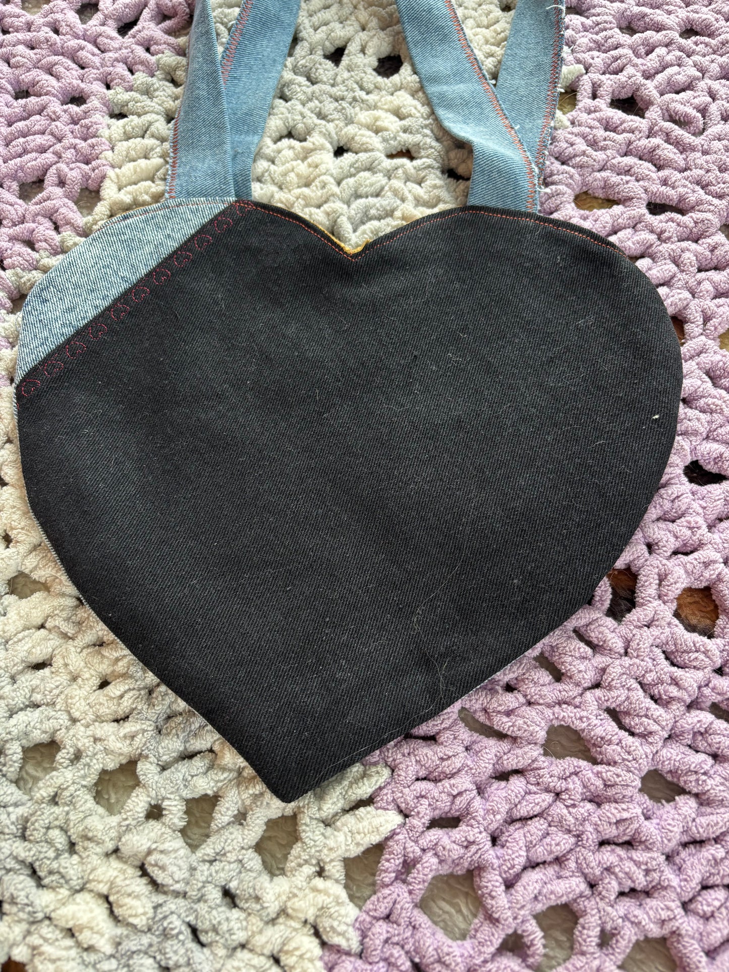 Black and Light Wash Denim Patchwork Heart Stitched Lined Tote