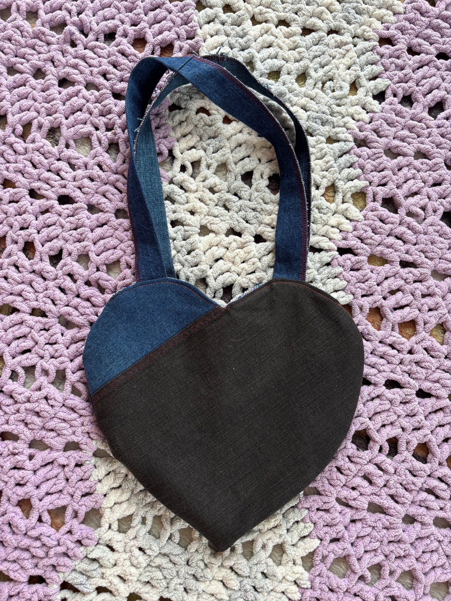 Black and Blue Denim Patchwork Heart Stitched Lined Tote